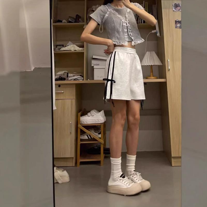 Women's White High-Waisted Sport Shorts - Summer Bow-Tie Design Wide-Leg Mid-Length Shorts