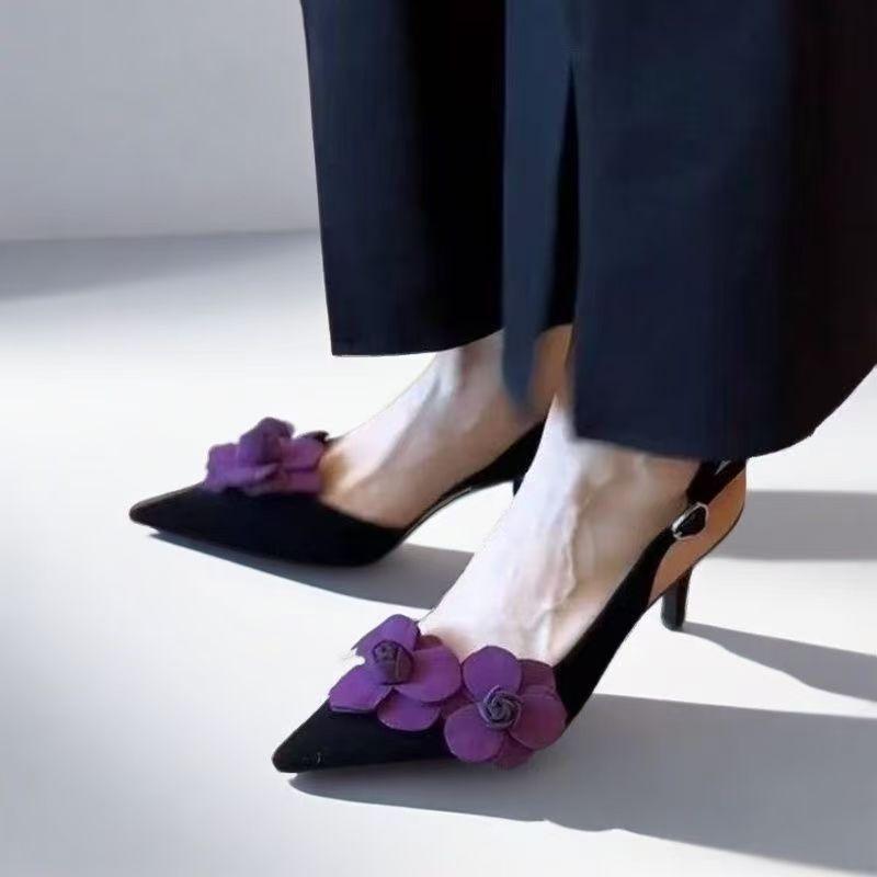 Back Empty One-word Buckle with Thin Heel Bag Head Sandals Women's 2025 New French Temperament Beautiful Flower Pointed High Heels