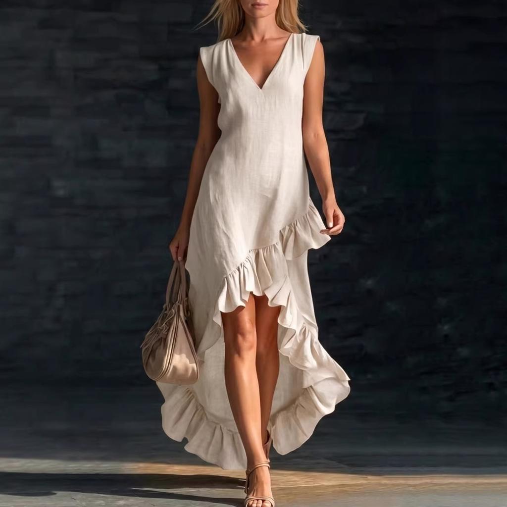 Women's Mid Rise Sleeveless V Neck Ruffle Hem Irregular Linen Blend Maxi Long Dress