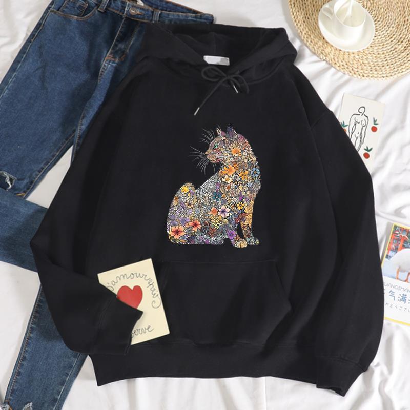 

A Cat Made Of Flowers Print Sweatshirt Women Leisure Comfortable Tracksuit Sporty Fleece Sweatshirts Versatile Pocket Clothing 2XL