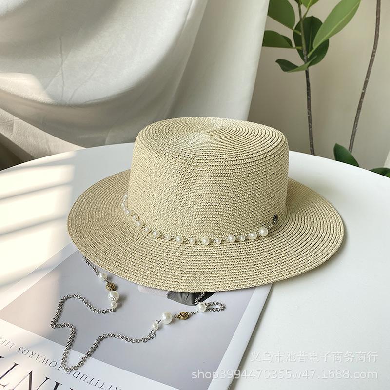 French Vintage Pearl Chain Straw Boater Hat Women Summer Wide Brim UV Protection Elegant Sun Visor Adjustable