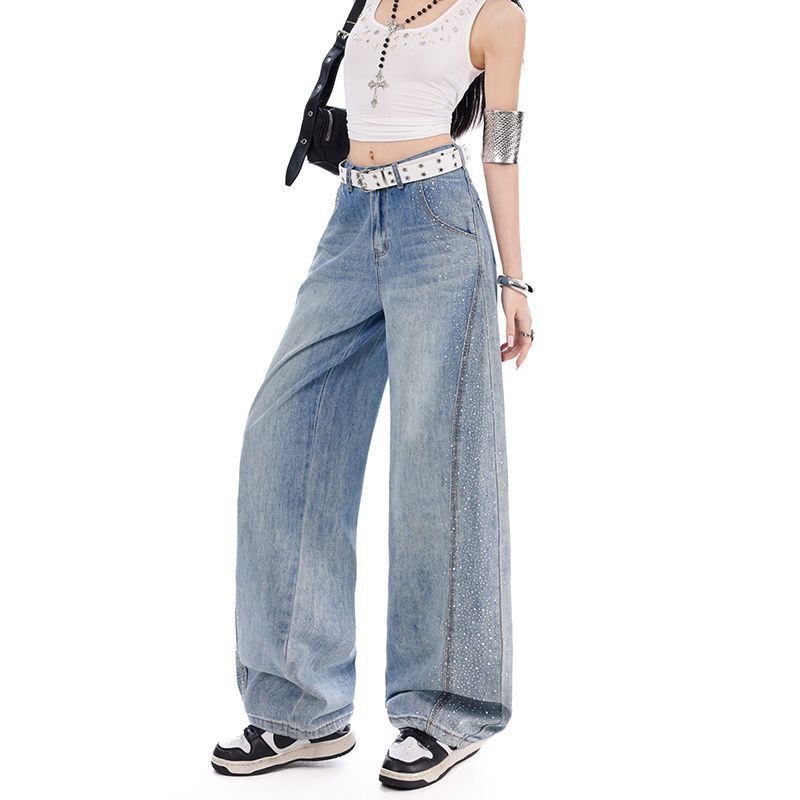 Early Spring Full Star Rhinestone Vintage Street High Waist Slim Fashion Saber Cut Denim Pants For Women Casual Pants Oversize Denim Trousers