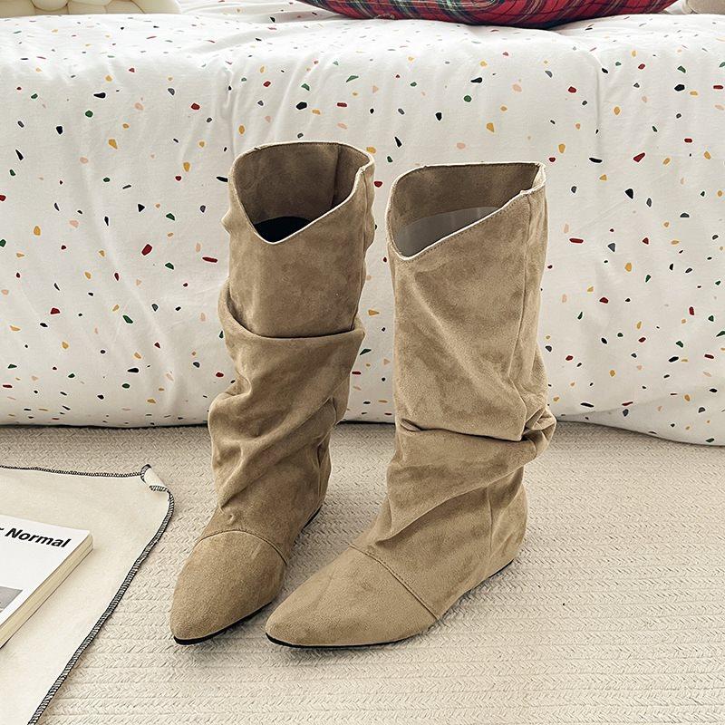 Inner heightening retro knight boots stacked new 2025 khaki pointed flat boots women's boots slim autumn