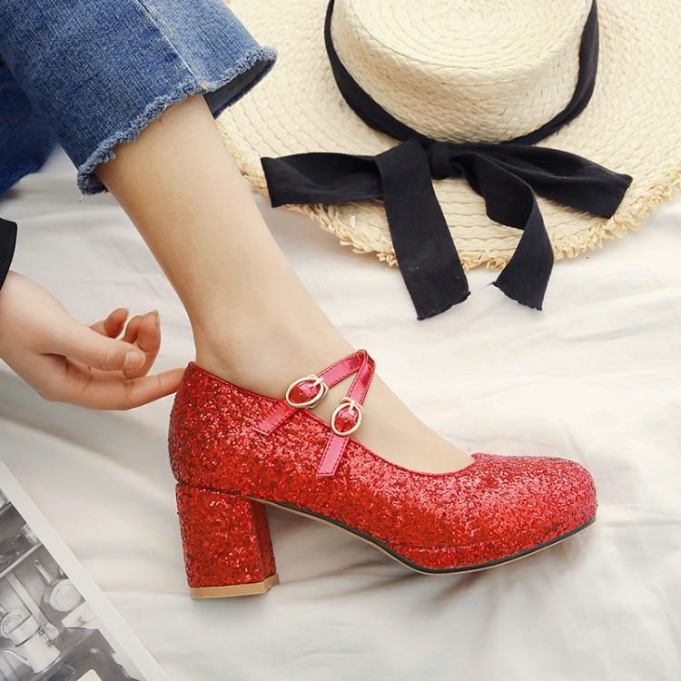 Velikost 33-43 Dámské červené třpytivé zlaté boty na vysokém podpatku, Mary Jane lodičky s dvojitým přezkovým páskem, společenské svatební