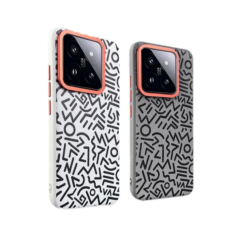 Bemalte Geometrische Graffiti Einfache Lederhülle für Xiaomi 13 Ultra Mi 14 Ultra Mi14 Pro Metall-Kamera-Öffnung Unabhängige Tastenabdeckung