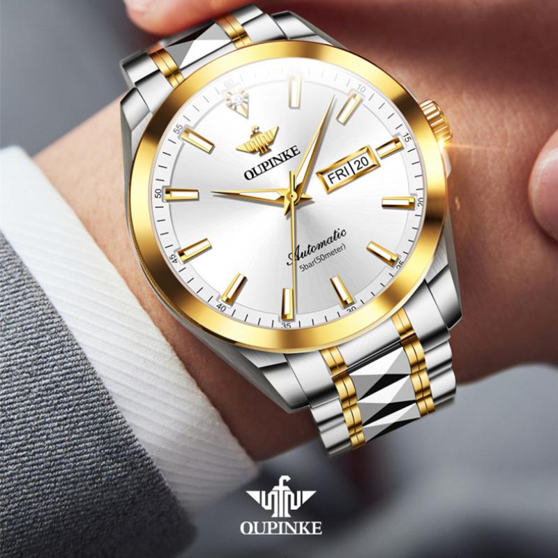 OUPINKE Montre Homme Double Calendrier Montre Mécanique Automatique Montre Diamant Haut De Gamme Étanche