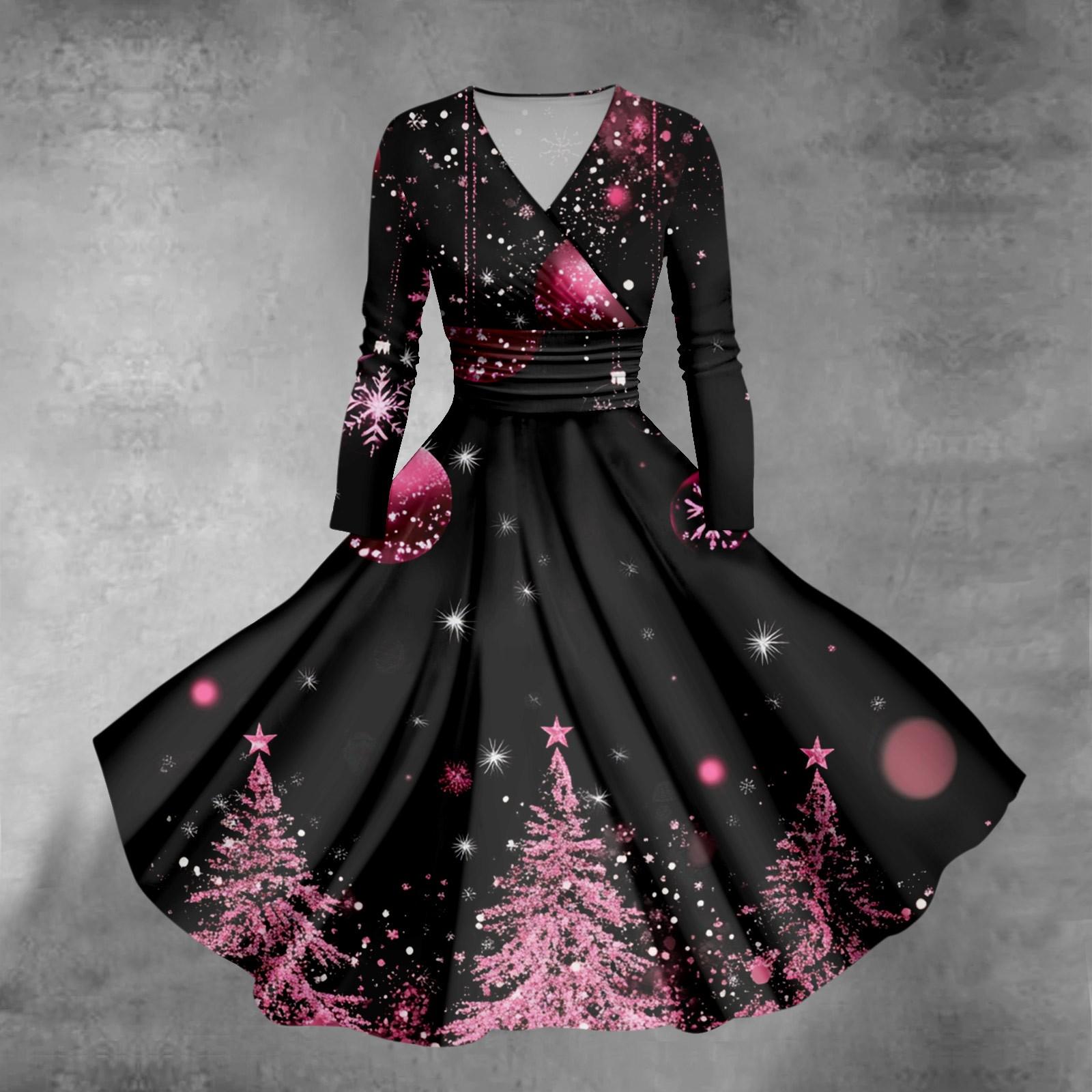 

Женское облегающее платье свободного кроя с принтом рождественской елки и снежинок, V-образным вырезом и длинными рукавами XL розовый