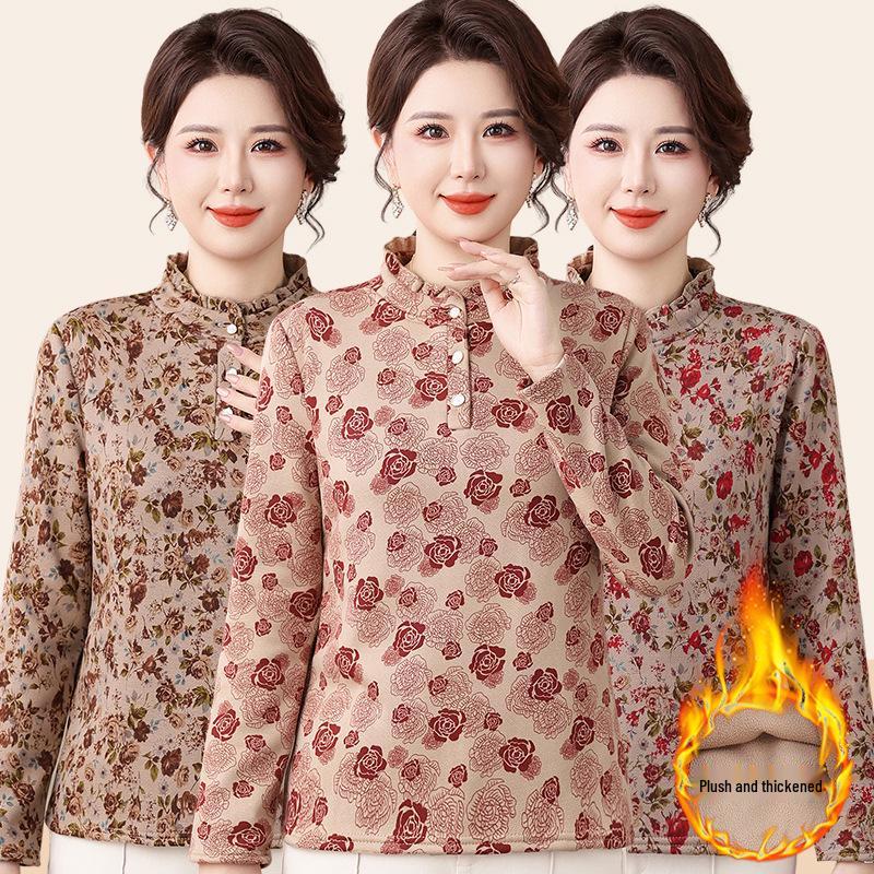 Stylish Patterned Autumn/Winter Shirts for Middle-Aged & Elderly Women - Loose Fit, Belly-Covering, Plus Size Base Layer.