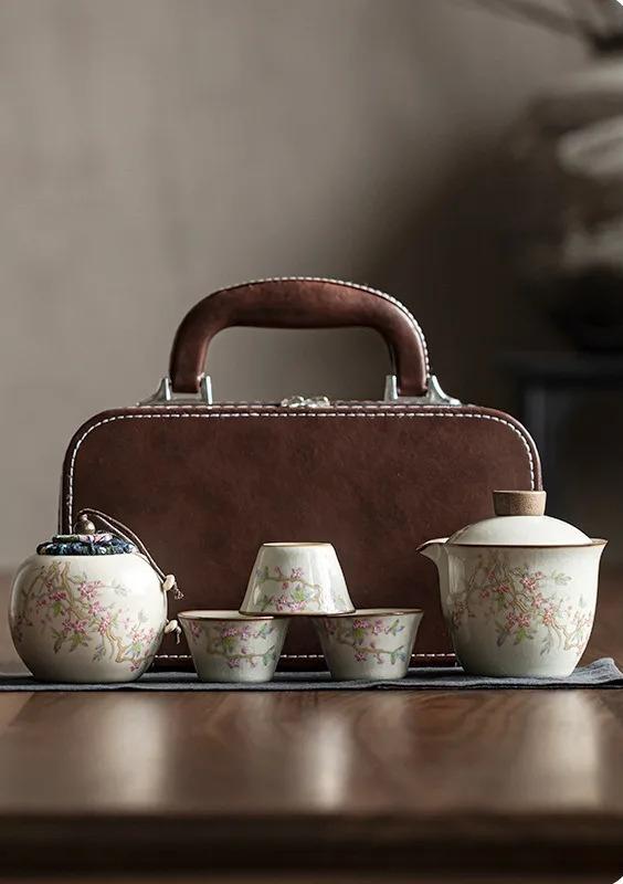 Mihuang Ru Kiln Quick Cup Powder Peach Spring Three Cups Square Package Ceramic Travel Kung Fu Tea Set Portable