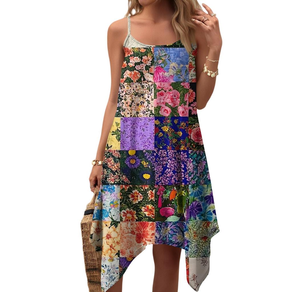 Dam sommar vardaglig vintage blommig tryck rund hals justerbar hängselklänning med fickor