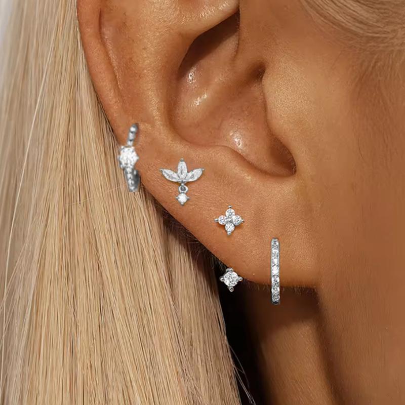 4PCS Zircon Heart Moon Flower Small Hoop Earrings Set For Women Stainless Steel Huggies Pendant Piercing Earrings Jewelry Aretes