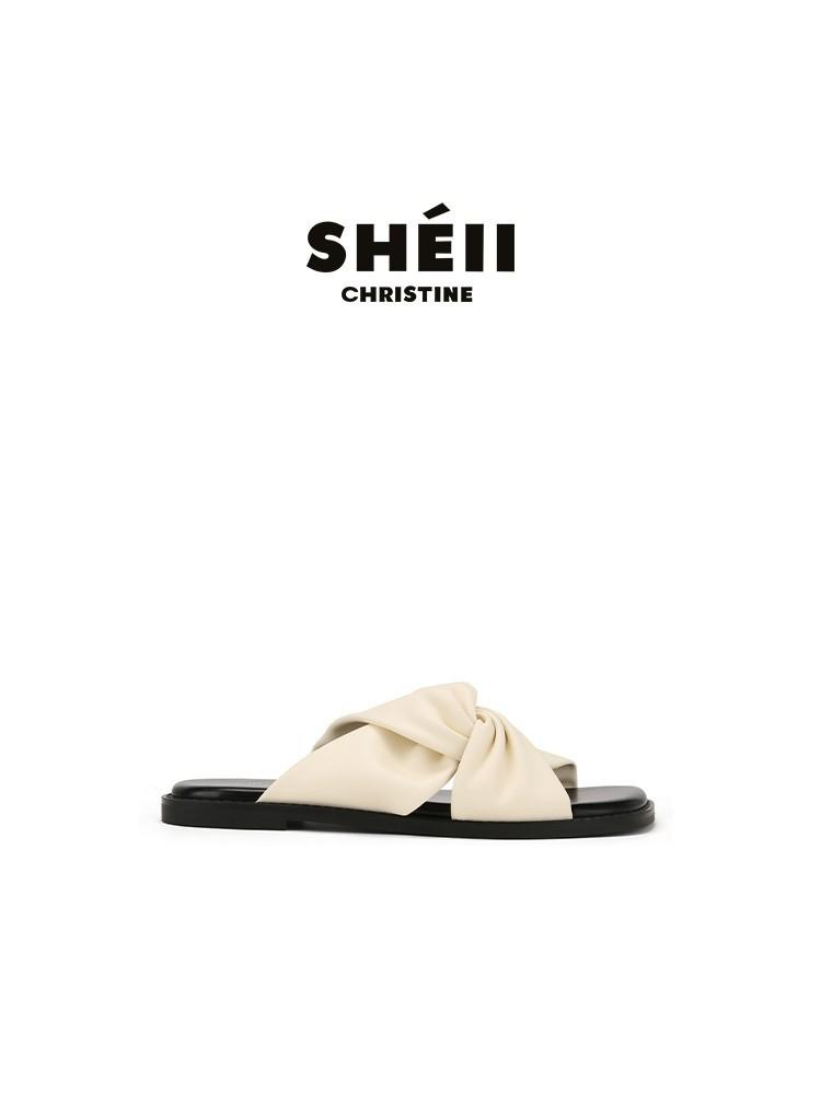 

Sheepskin version Su Yinyin same style square head kinked pleated beach vacation slippers women s leather cool slippers outer wear summer 35