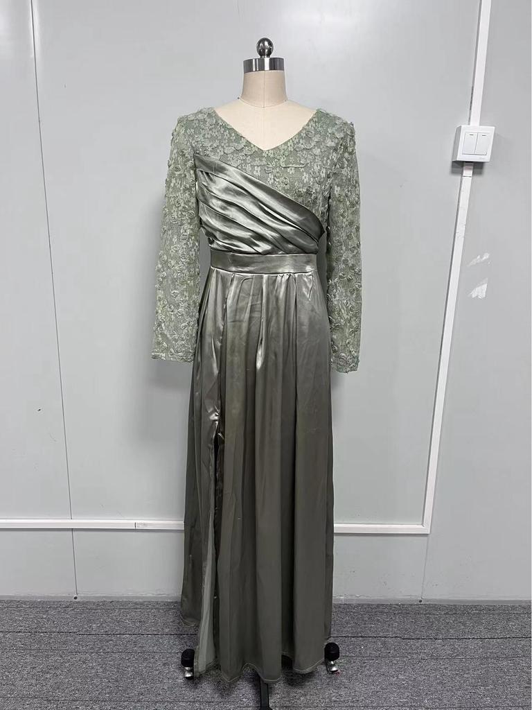 Elegant Green Ruffle Lace Mid-Waist Long Evening Dress