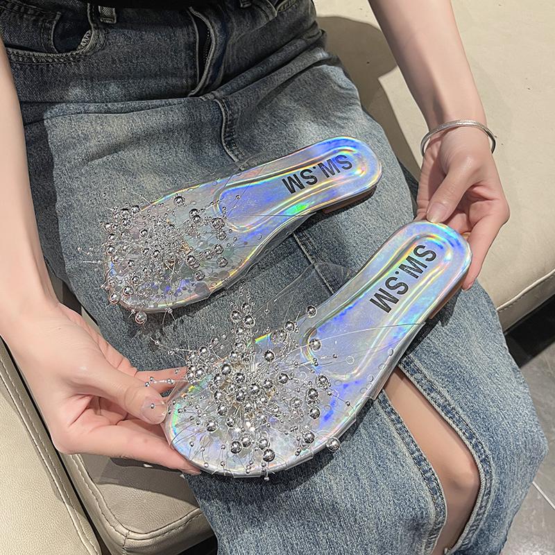 

Модные ПВХ Прозрачные Жемчужные Сандалии Женские Летние Кружевные Фиолетовые Серебристые Мюли Шлепанцы Женские Блестящие Цветочные Уличные Тапочки 35