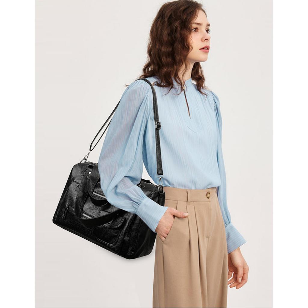 [KSTAMP] PU Leather Shoulder Bag, 2-Way Handbag with Multi-Function Pockets, 36x17x25cm, BlackBrown (Black)