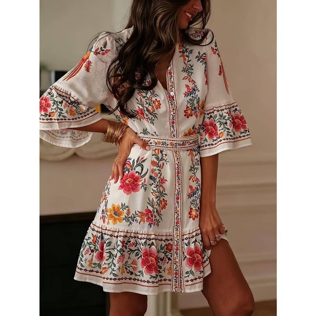 New European American Vacation Style Plant Floral Print Lantern Sleeve Ruffled Short Sleeve Tie-front Cardigan Dress