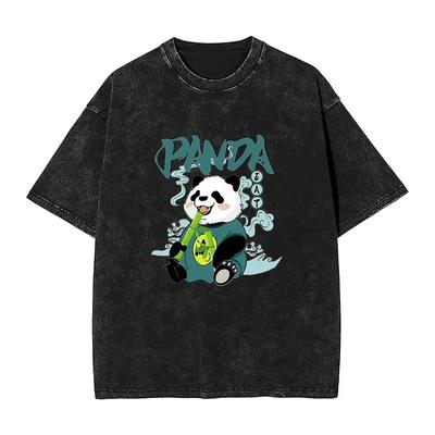 Chinesisches Panda Washed T-Shirt Herren Niedliches Tier Streetwear Lässige T-Shirts Strand O-Ausschnitt Trendy Coole T-Shirts Design Tops