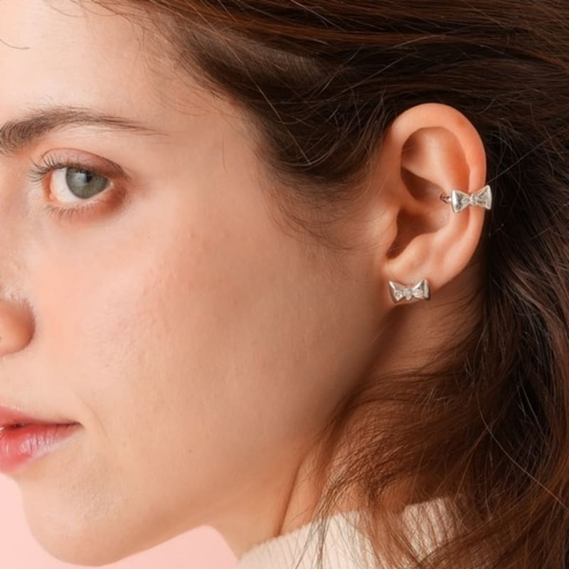 BELLOOGGI Sweet Bow Natural White Topaz Butterfly Ribbon Ear Cuff