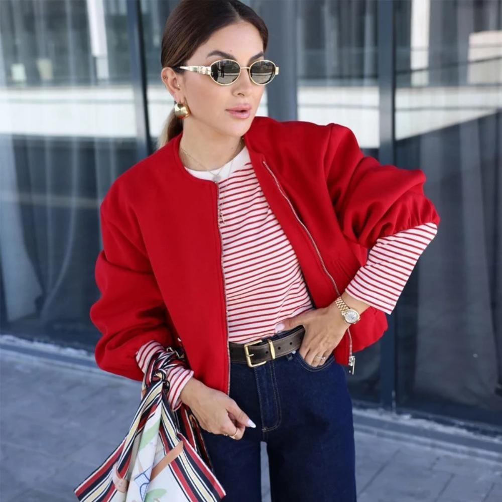 Red Zipper Bomber Jackets for Women Soft Cropped Jackets Long Sleeve Woman's Sports Jacket Outerwears