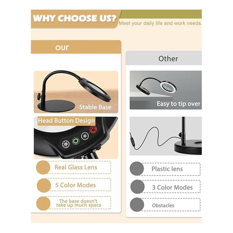 Flexible Gooseneck Lighted Magnifier With Stand 5 Color Modes Dimmable USB Reading Eye Protection Study Lamp