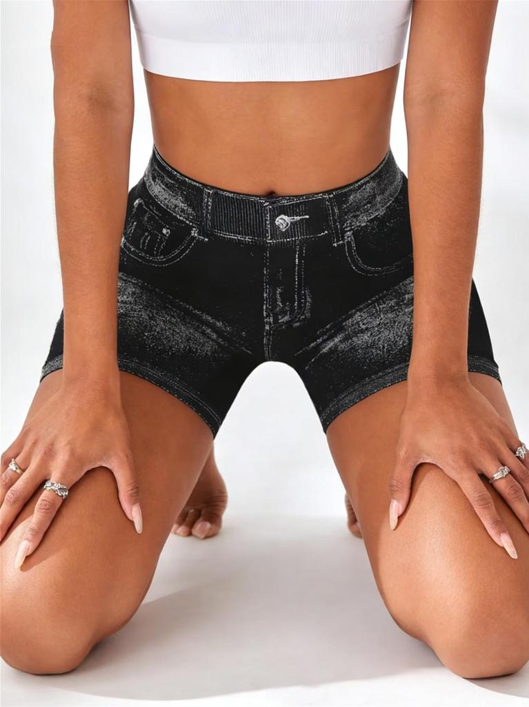 High-Waisted Butt-Lifting Faux Denim Yoga Shorts for Women - Tight, Quick-Dry, Summer Fitness Wear