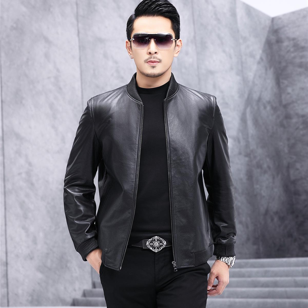 Кожаная куртка мужская короткая с круглым вырезом из овчины — фото 5