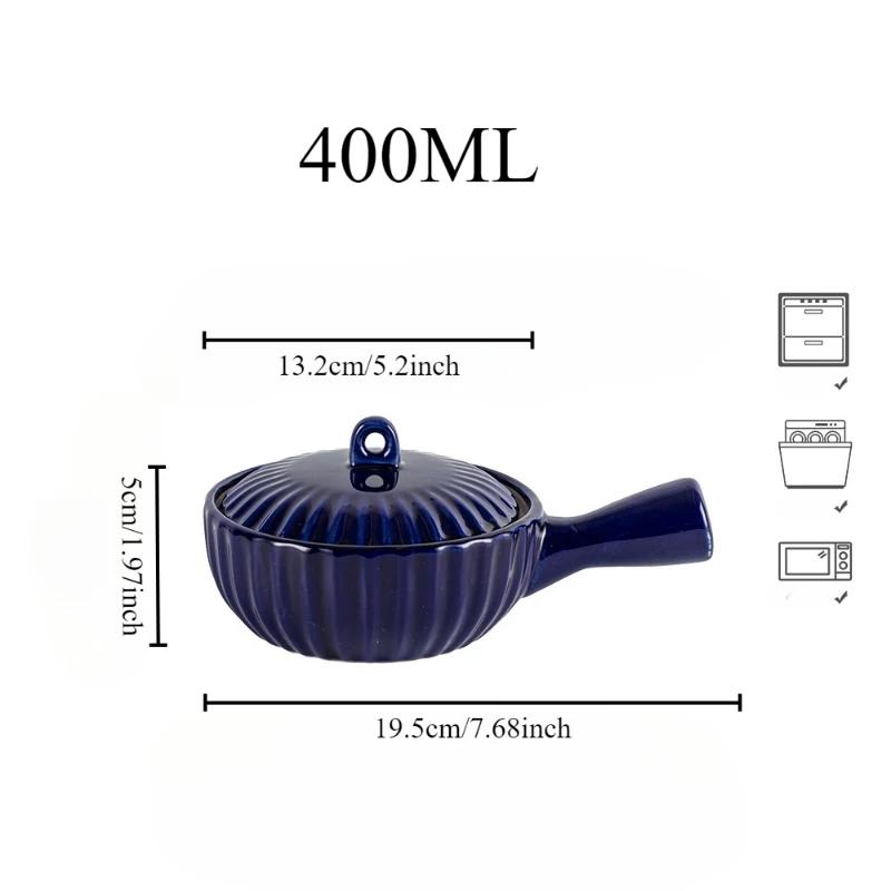 Japanese Style Household Ceramic Single Handle Bowl with Lid Breakfast Yogurt Bowl Cute Dessert Embossed Pasta Bowl