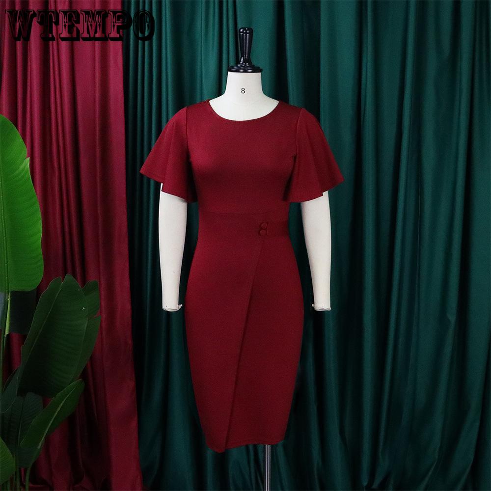 Spring and Summer Large Size Solid Color High Waist Temperament Commuter Ruffle Sleeve Package Hip Long Dresses