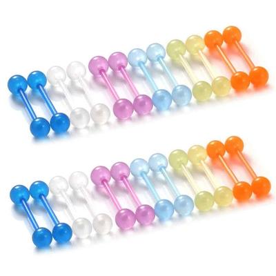 12PCS/24PCS 14G 16mm Glow In Dark Flexible Acrylic Straight Tongue Rings Plastic Nipple Ring Retainer Body Piercing Jewelry