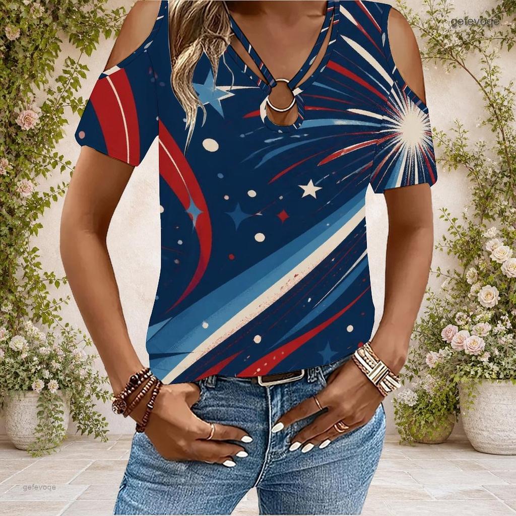 Plus Size Women V Neck Off Shoulder Short Sleeve Romantic Floral Casual Top