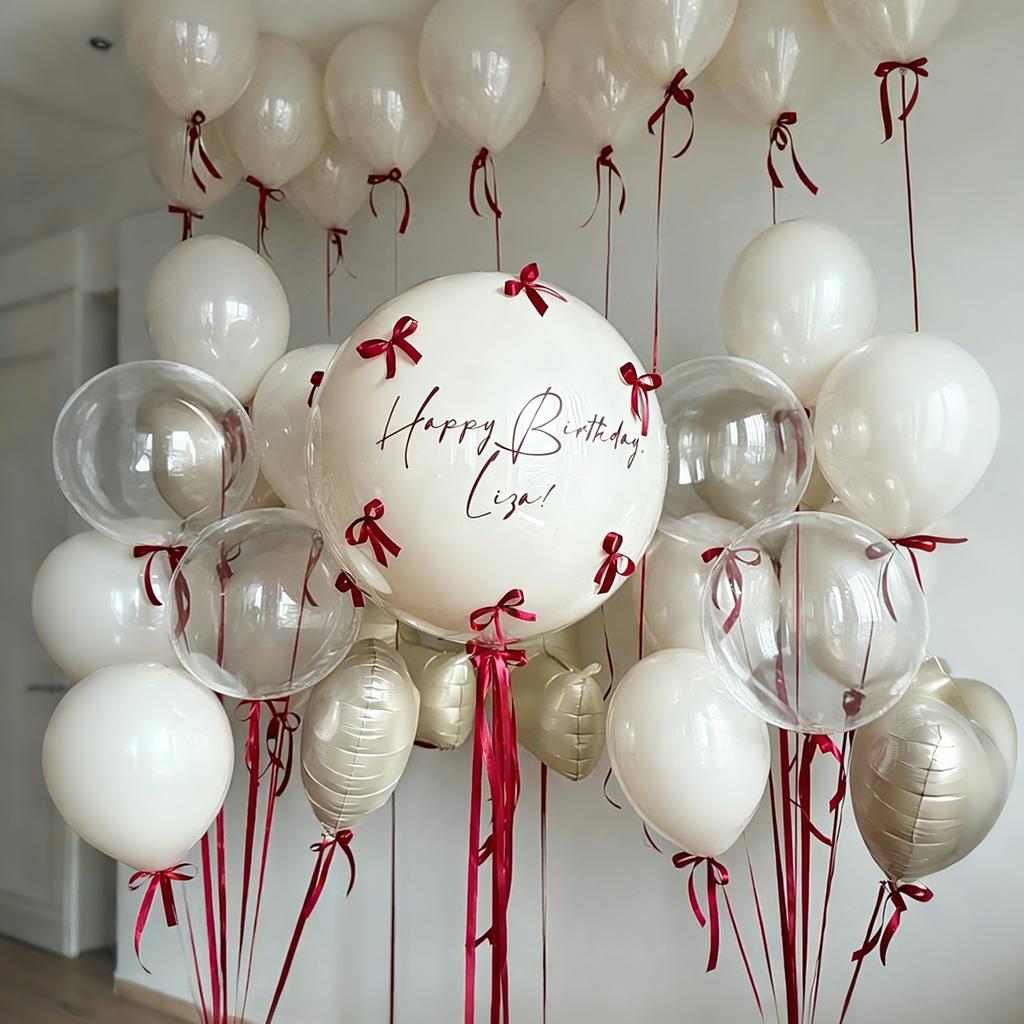 Sand white bobo balloon set with red ribbon bow decoration for birthday, wedding, shower, proposal, anniversary decoration