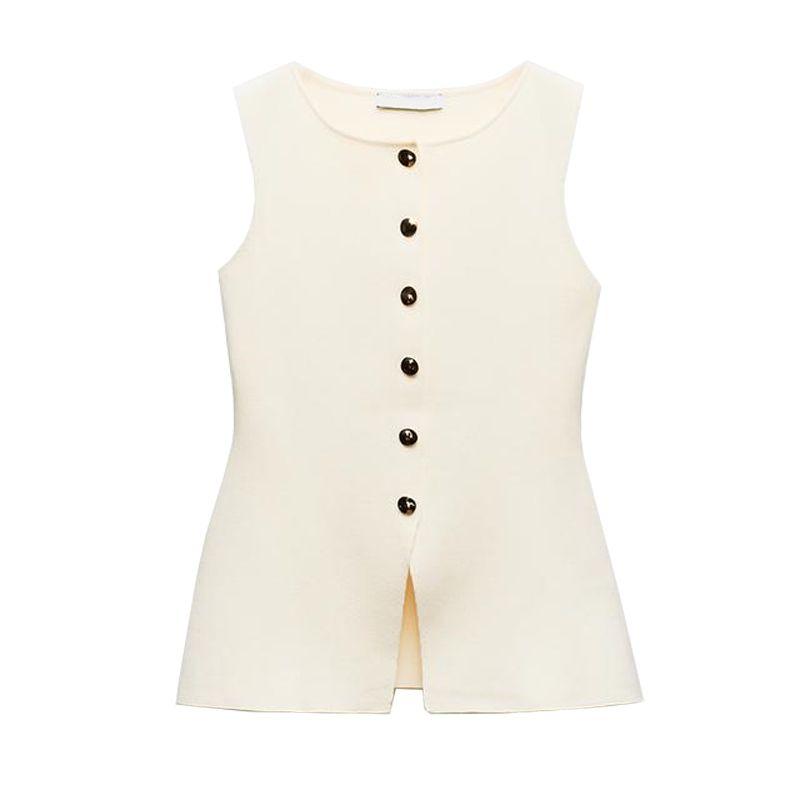 Spring New Women's Clothing Fashion All-Match Golden Button Plain Stitch Sleeveless French Vest Tops 4192100