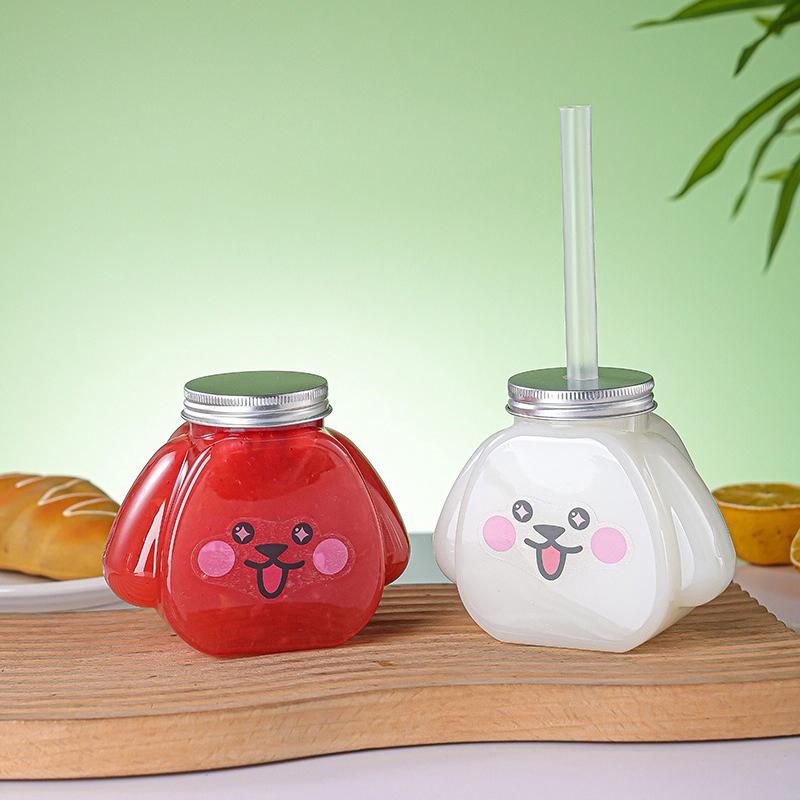 1Pc 350Ml Cute Dog Pet Bottle Clear Milk Tea Bottle Water Bottle Portable Coffee Juice Cold Drinking Cup Drink Bottle