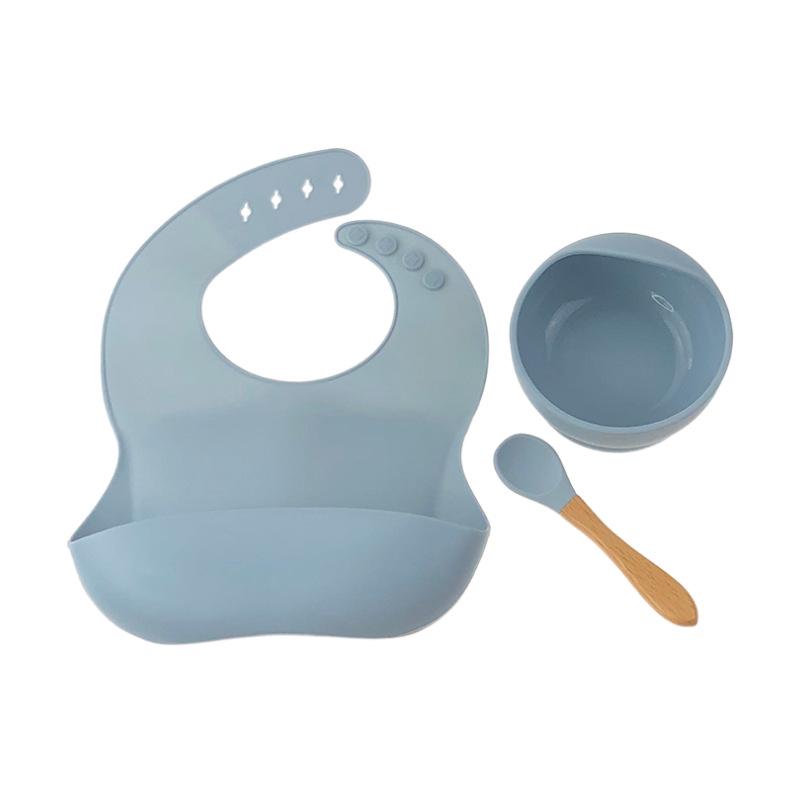 Silicone Bib & Tableware Set: Snail Bowl, Wooden Handle Spoon & Fork - Child Safe 3-Piece Feeding Kit