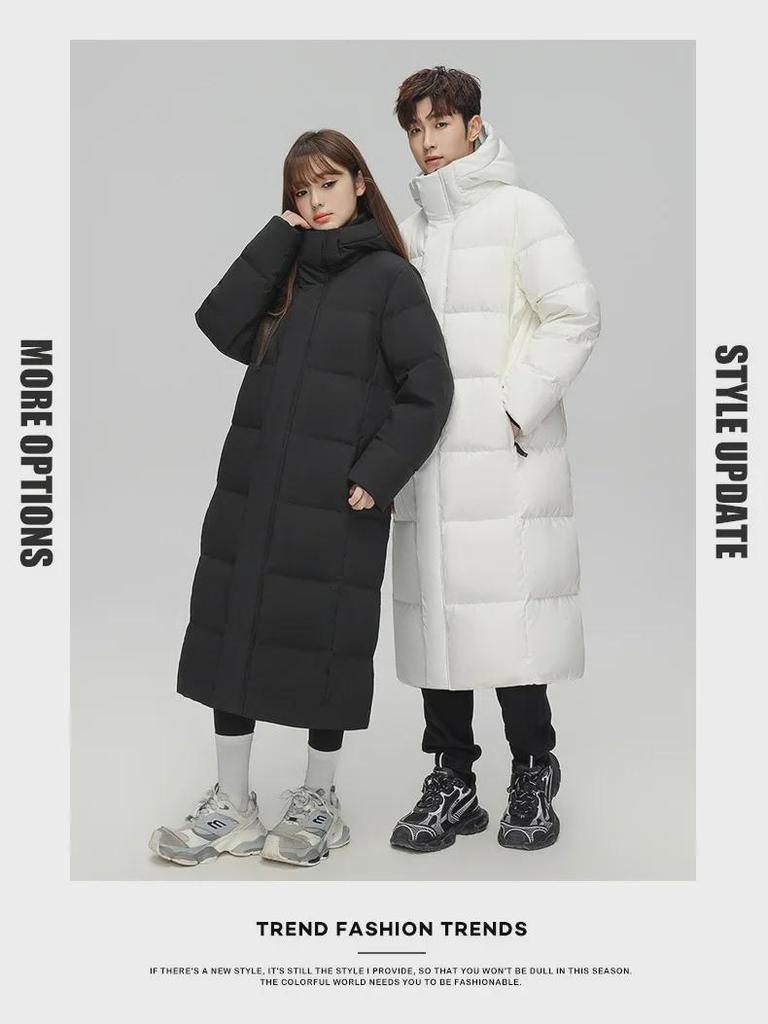 Unisex Long Over-the-Knee Thick White Duck Down Jacket - Winter Chinese Opera Style
