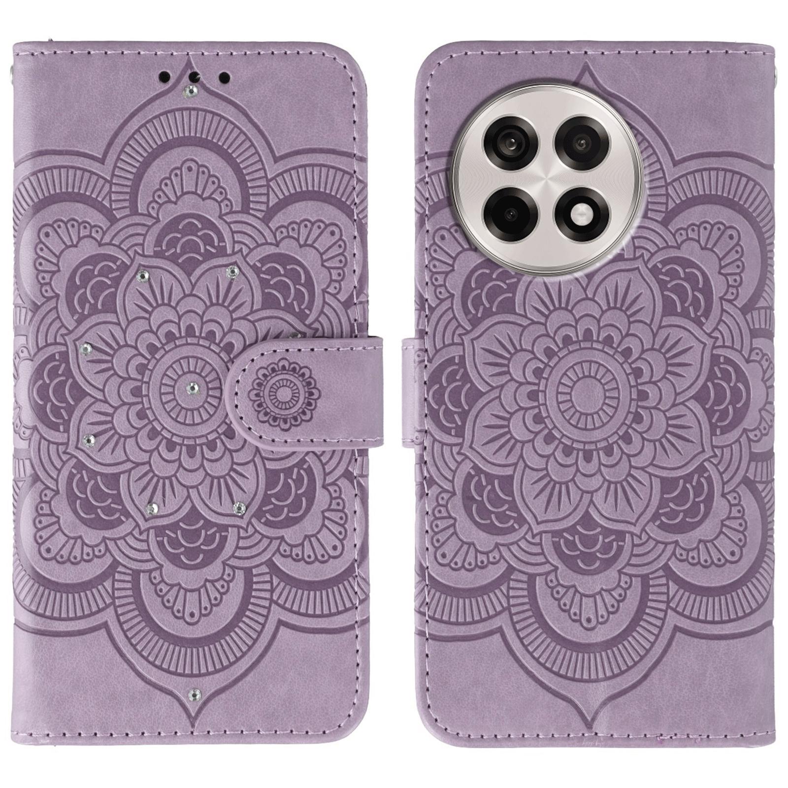 

Phone Case For OnePlus Ace 5 5G/Ace 5 Pro 5G/13R 5G Rhinestone Decor PU Leather Mandala Imprinted Design Cover with Wrist Strap Purple