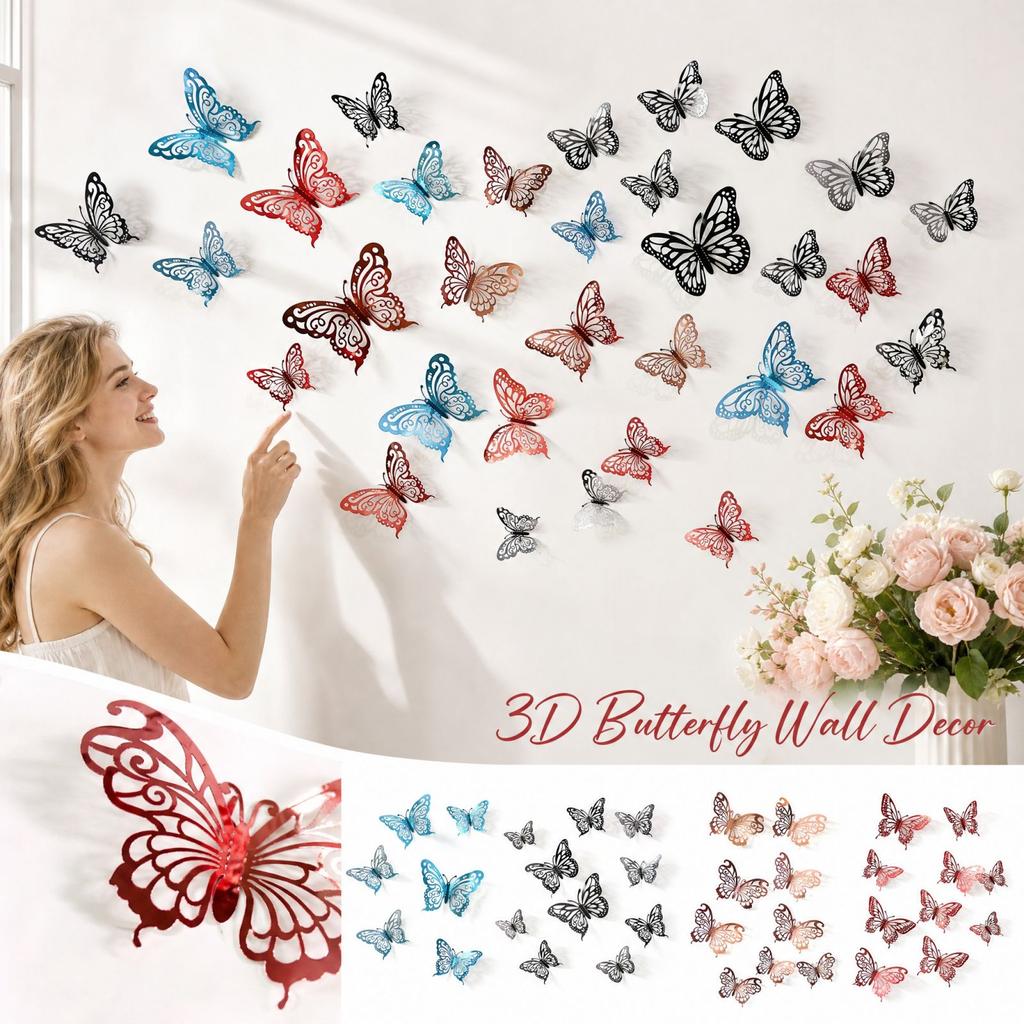 Butterfly Wall Stickers 12 Pack, 3D Hollow Single Layer Cutout, Party Decoration for Home Room Decor