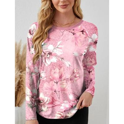 Top cu gât rotund de primăvară și toamnă, cu model floral imprimat 3D, la modă, casual, cu mâneci lungi, tricouri de damă