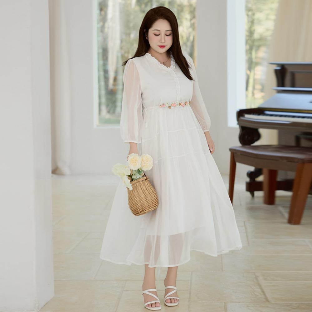 Abito Midi da Donna Scollo a V Manica a Tre Quarti Vestibilità Larga Vita Impero Elegante Monocromatico in Chiffon Taglie Forti