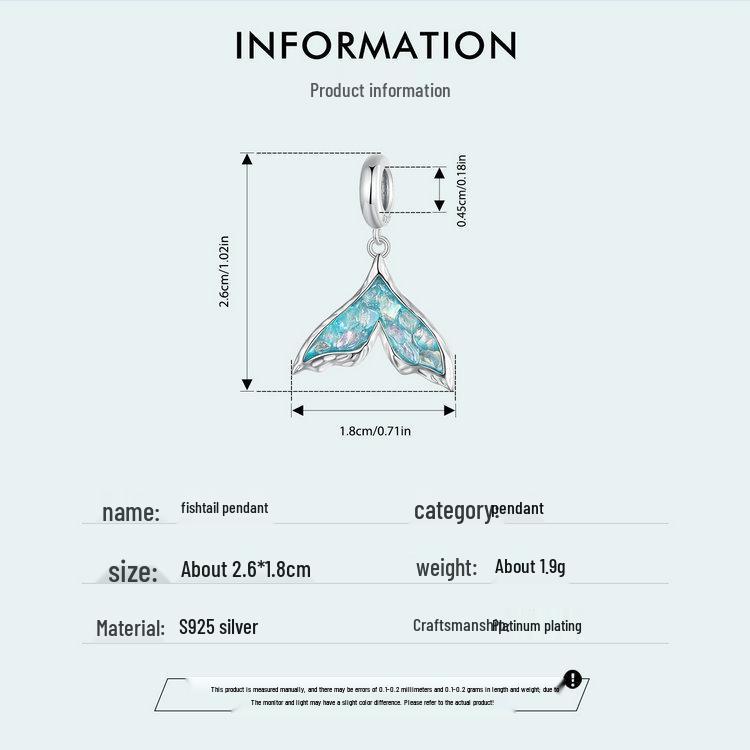 Exquisite Fantasy Blue Fishtail S925 Sterling Silver Pendant Charm for DIY Bracelet