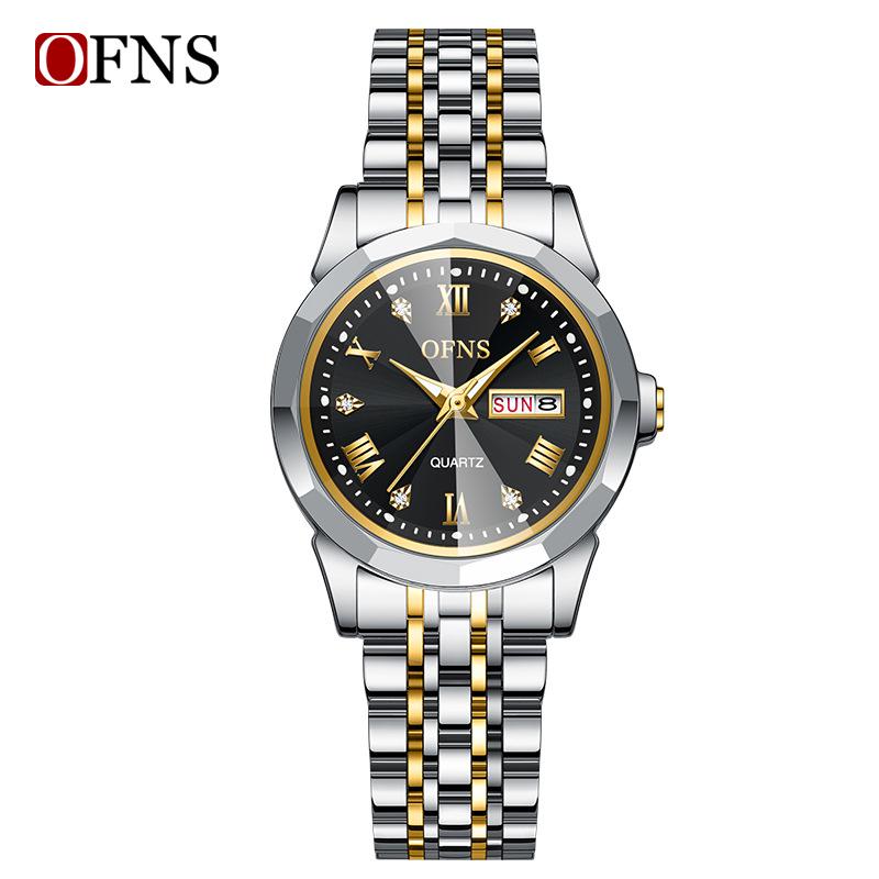 Oufanni Quartz Double Calendar Luminous Couple Watch with Fashionable Bar Index and Steel Strap, Waterproof.