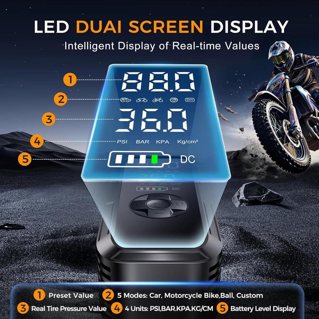 Portable Tire Inflator 150PSI 12V DC Air Pump with Digital Gauge & LED Light for Car, Bike, Ball