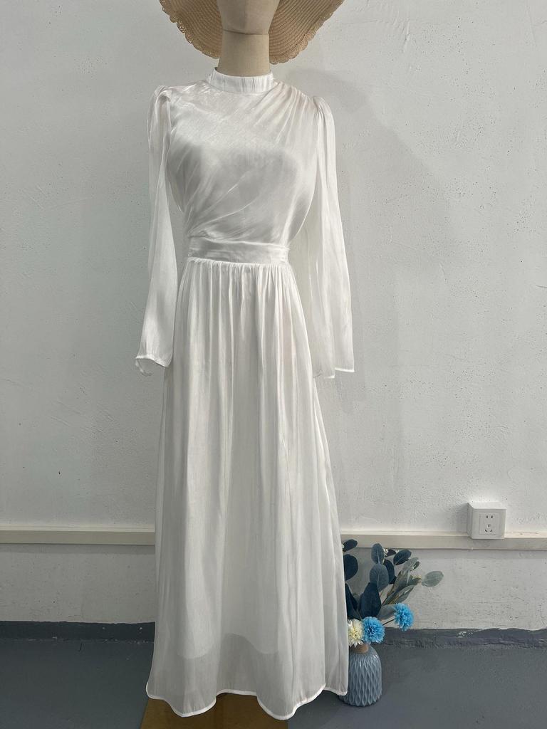 2025 European & American Style Women's Long White High-Neck Waist-Cinching Half-Sleeve Dress