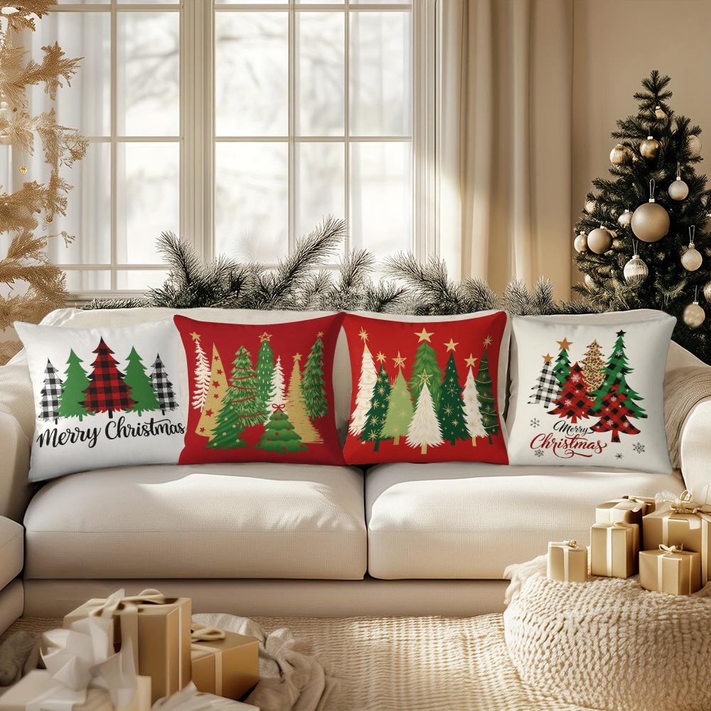 Red Background, Green and Gold Christmas Tree and Lattice Tree, Christmas Pillowcase, Super Eye-catching 2d Graphic Printing