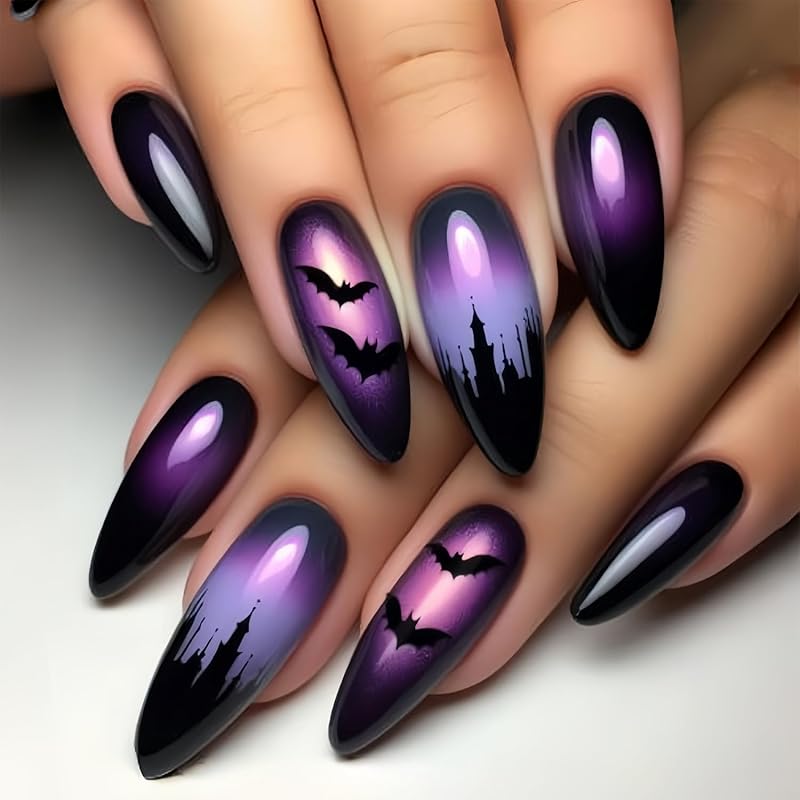 Halloween Press On Nails Medium Almond Fake Nails with Designs Bat Purple French Tip Glossy Glue On Nail 24 Pcs Natural Reusable Acrylic Nail for