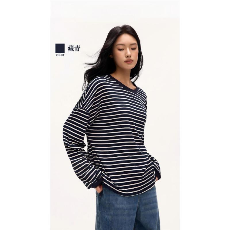 Women S Loose Fit Striped Long Sleeve Round Neck T Shirt Inner Wear