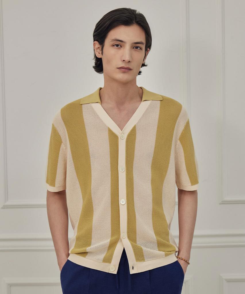 THEKNITCOMPANY Abyss Linen Striped Polo Cardigan - Tawny Yellow
