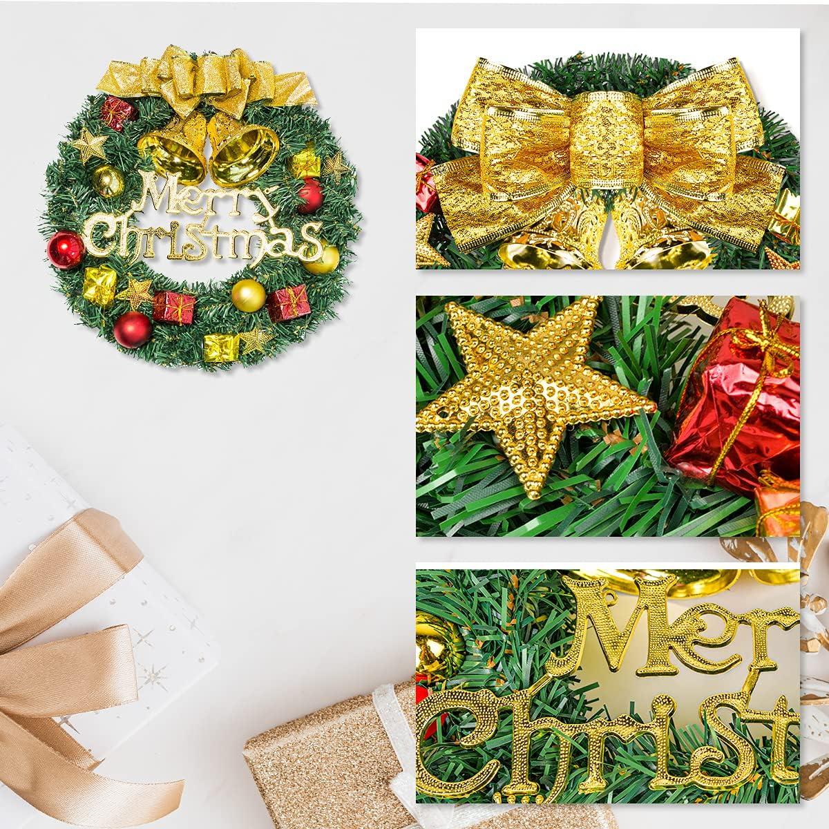 

13-дюймовый рождественский венок, искусственная сосновая гирлянда с бантом, колокольчиками, оленем, красными ягодами, цветами, подарки для украшения рождественской вечеринки, венок на входную дверь