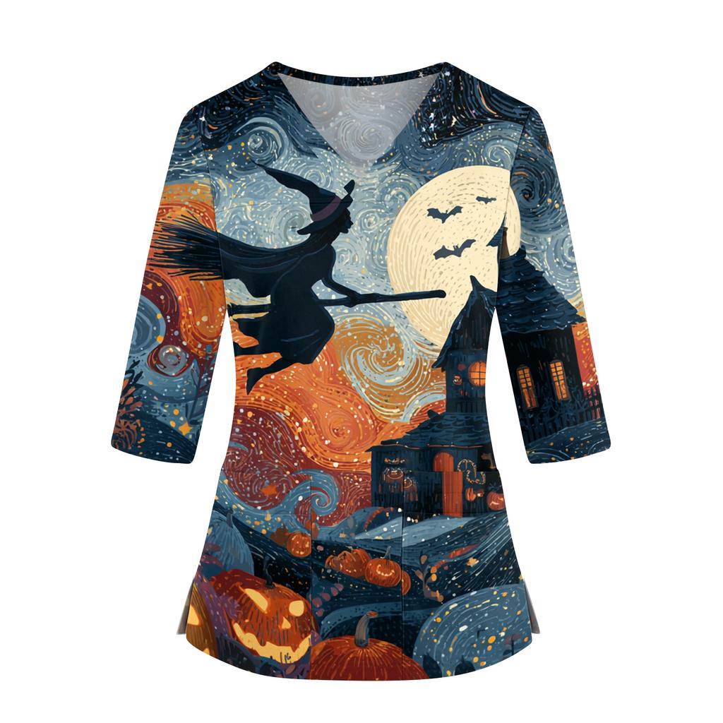 Top da Donna con Stampa di Halloween Scollo a V Manica a Tre Quarti con Tasche Spacchi Laterali Camicia da Costume