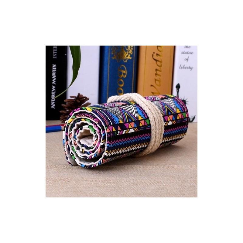 Ethnic Style Colored Geometric Pattern Pencil Canvas Storage Bag For Artists And Students